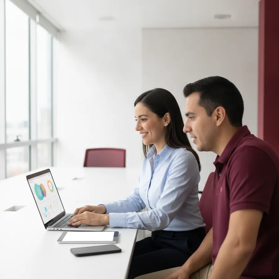 Dos colaboradores probando una interfaz nueva en una laptop