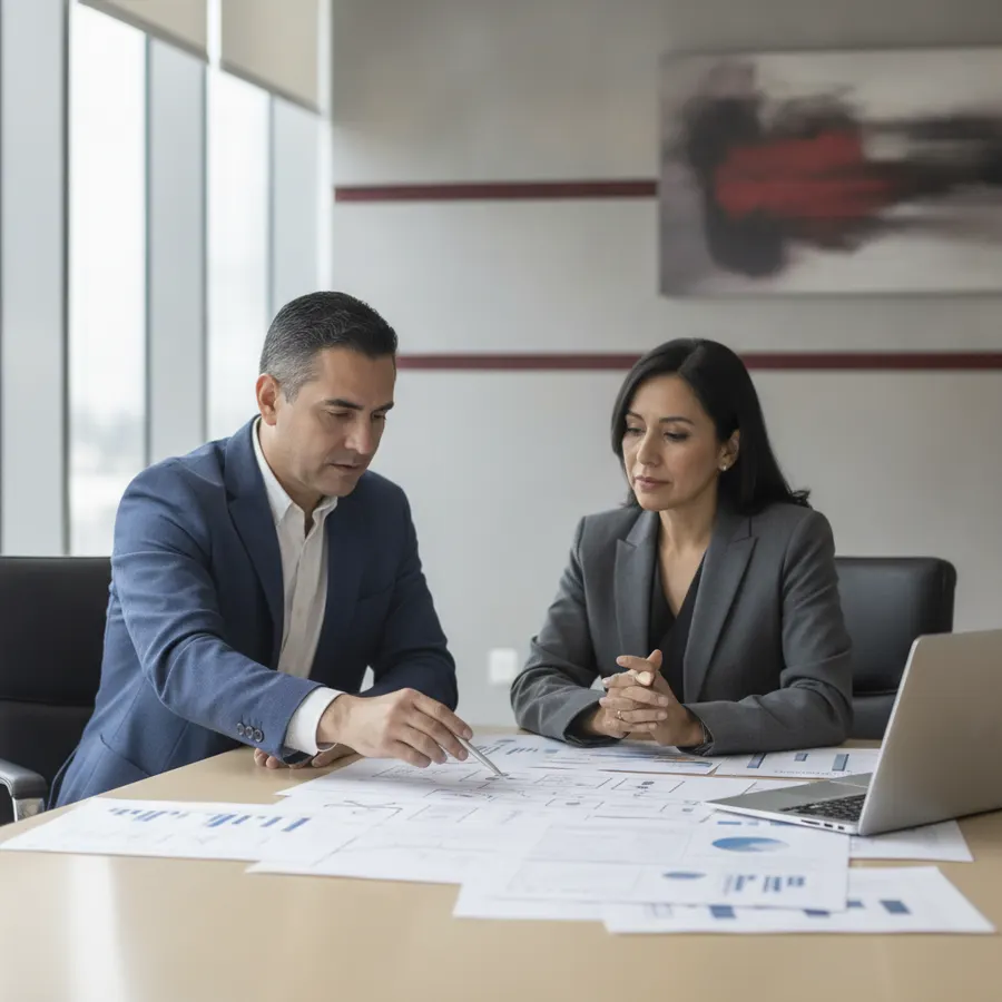 Consultor y directora de finanzas revisando diagramas de proceso para destrabar un proyecto