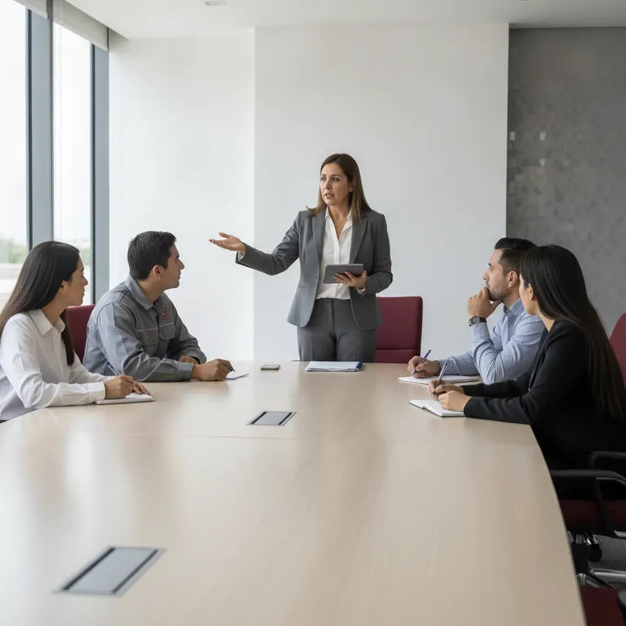 Consultora explicando un proceso nuevo a personas de distintas áreas