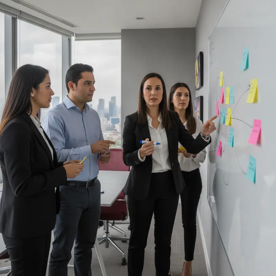 Equipo de consultores mapeando en un pizarrón la integración entre sistemas